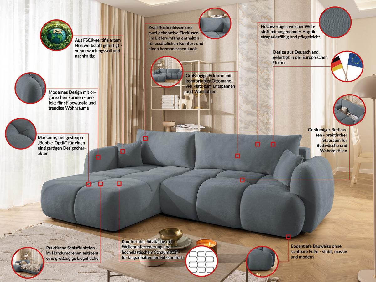ECKSOFA Loretto aus natürlichem Dunkelgrau Webstoff mit Schlaffunktion, Bettkasten und tiefen Steppungen in Bubble-Optik - Dunkelgrau/Schwarz, Holz/Kunststoff (180/275cm) - S-Style