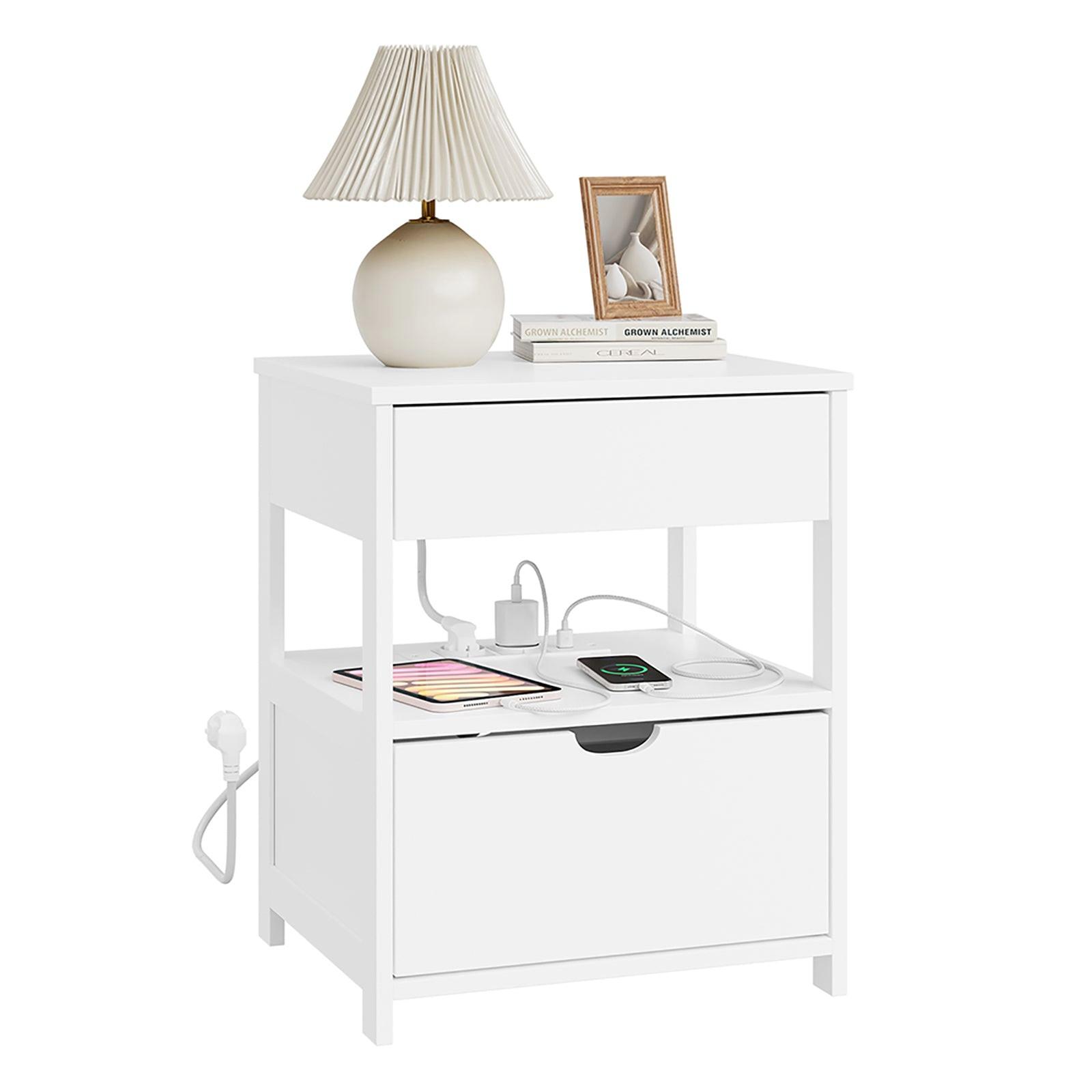 NACHTTISCH 4-in-1 Ladefunktion mit Schublade und Ablage, Weiß 45x38x55,5cm - Weiß, Holzwerkstoff (45/55/38cm) - SoBuy