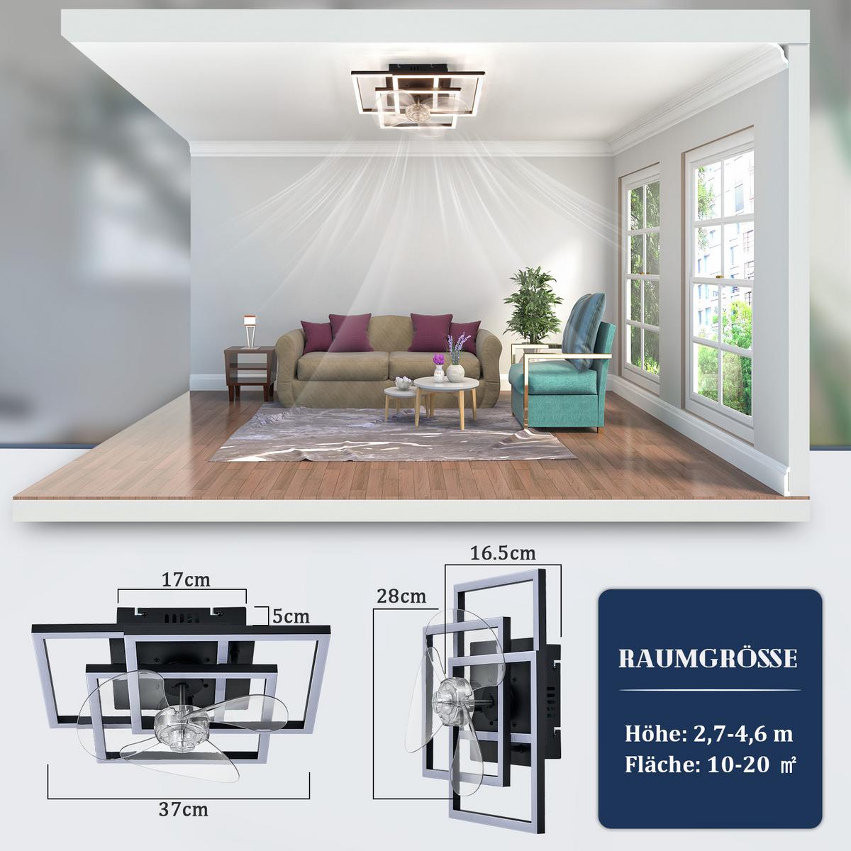 DECKENVENTILATOR Mit Beleuchtung Qalen 37/37/16.5 cm - Schwarz, Kunststoff/Metall (37/37/16.5cm) - ZMH