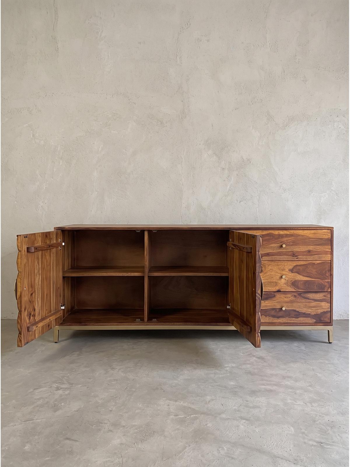 KOMMODE TREVI, Dunkles Massivholz, mit Stauraum, 180 x 40 x 70 cm - Goldfarben/Braun, Holz/Metall (180/70/40cm) - KADIMA DESIGN