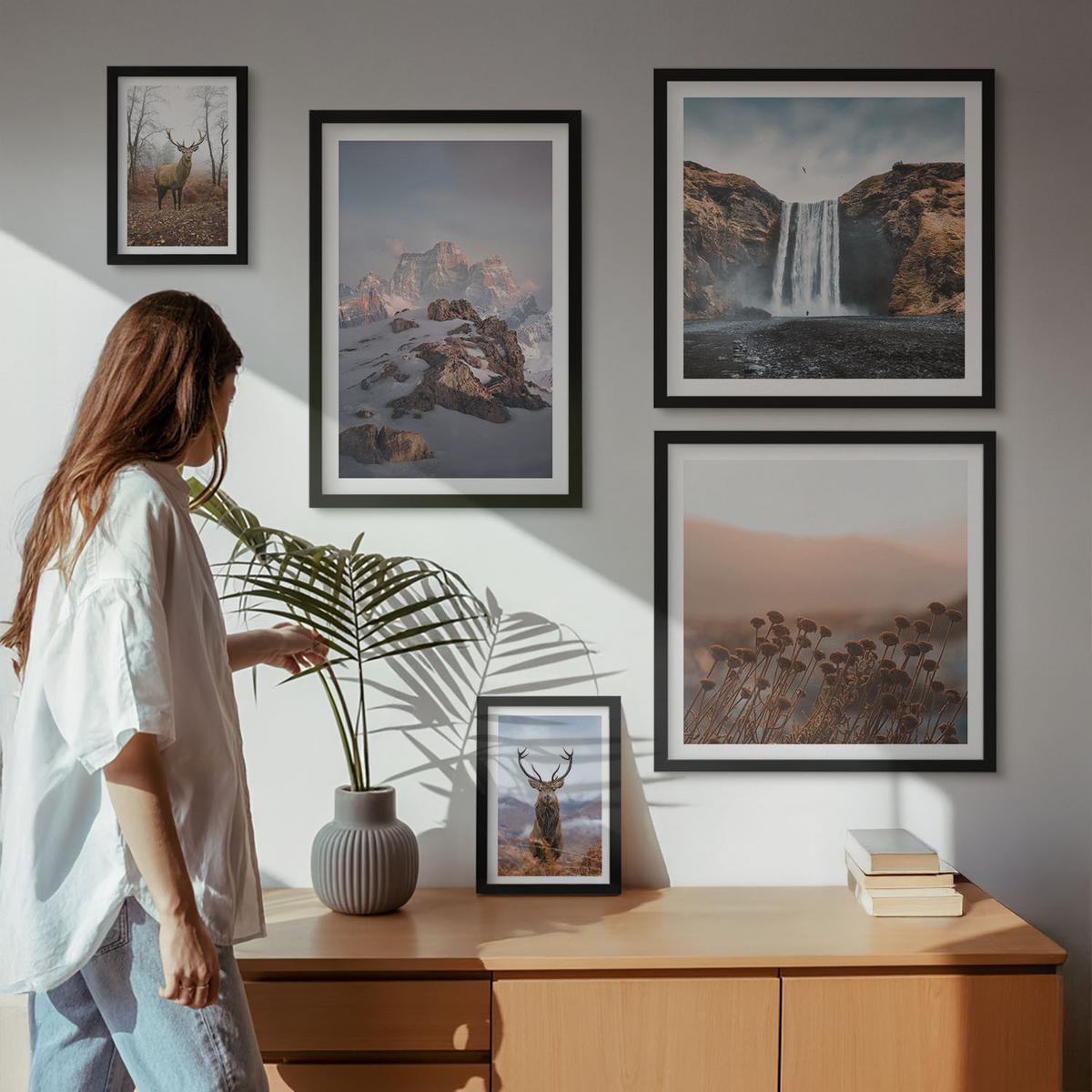 BILDER SET 5er Set - 50x50 cm & 20x30 cm & 40x60 cm Schwarzer Rahmen - Urlaub Palmen Wasserfall - Schwarz, Kunststoff (40/60cm) - TULUP
