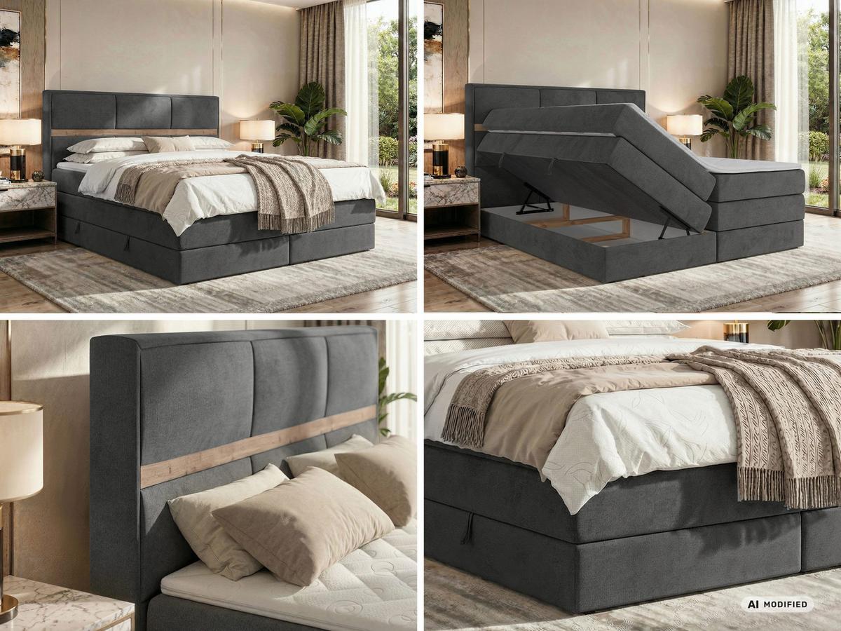 BOXSPRINGBETT ORVO KING 140/200 - Dunkelgrau Velvet - Topper Visco - H3 - Dunkelgrau/Schwarz, Kunststoff/Textil (140/200cm) - MKS