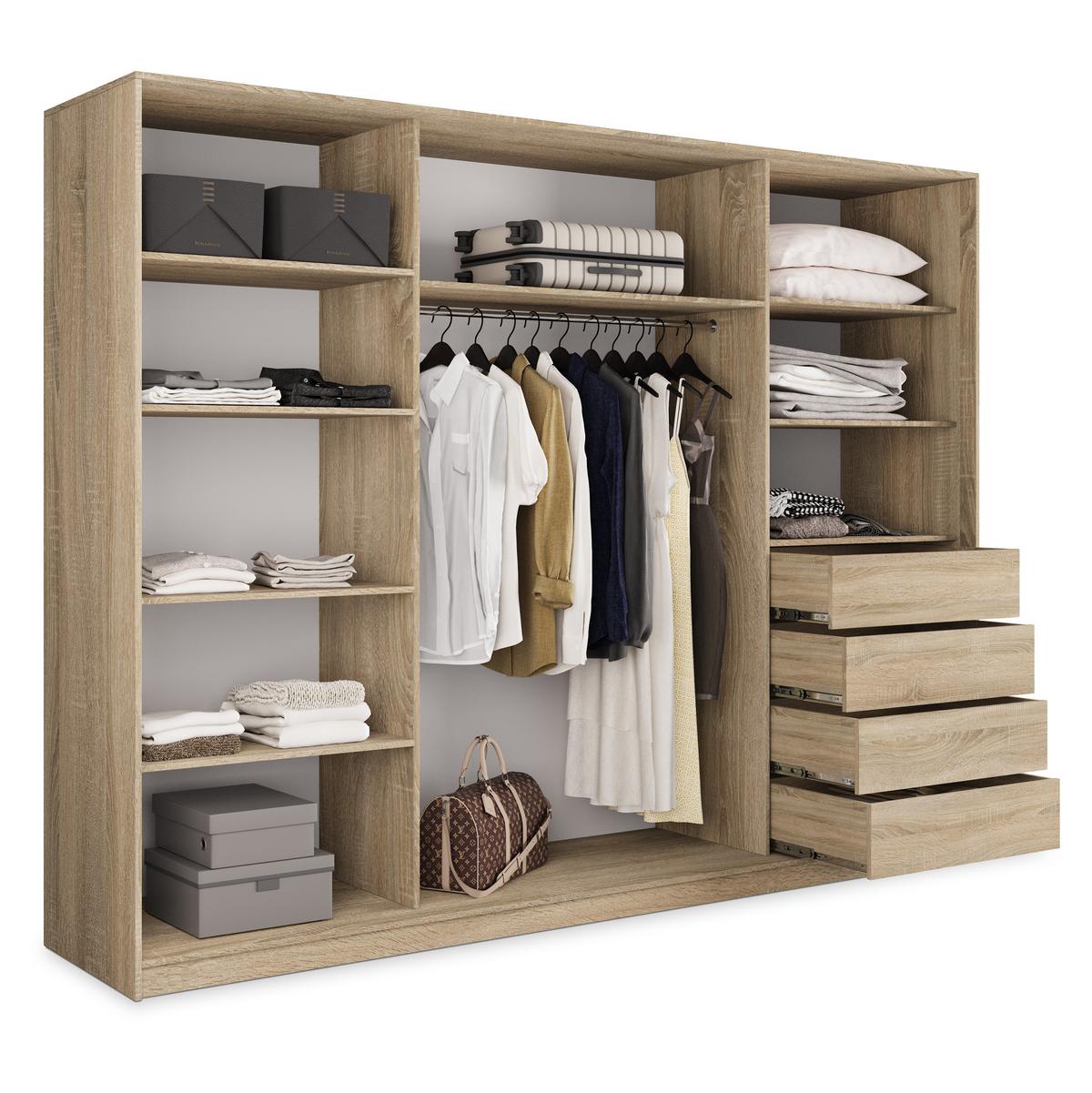 SCHWEBETÜRENSCHRANK PINA 270/205/58 cm 3-türig mit Spiegel und 4 Schubladen Sonoma Eiche - Sonoma Eiche, Holzwerkstoff (270/205/58cm) - MASSENO