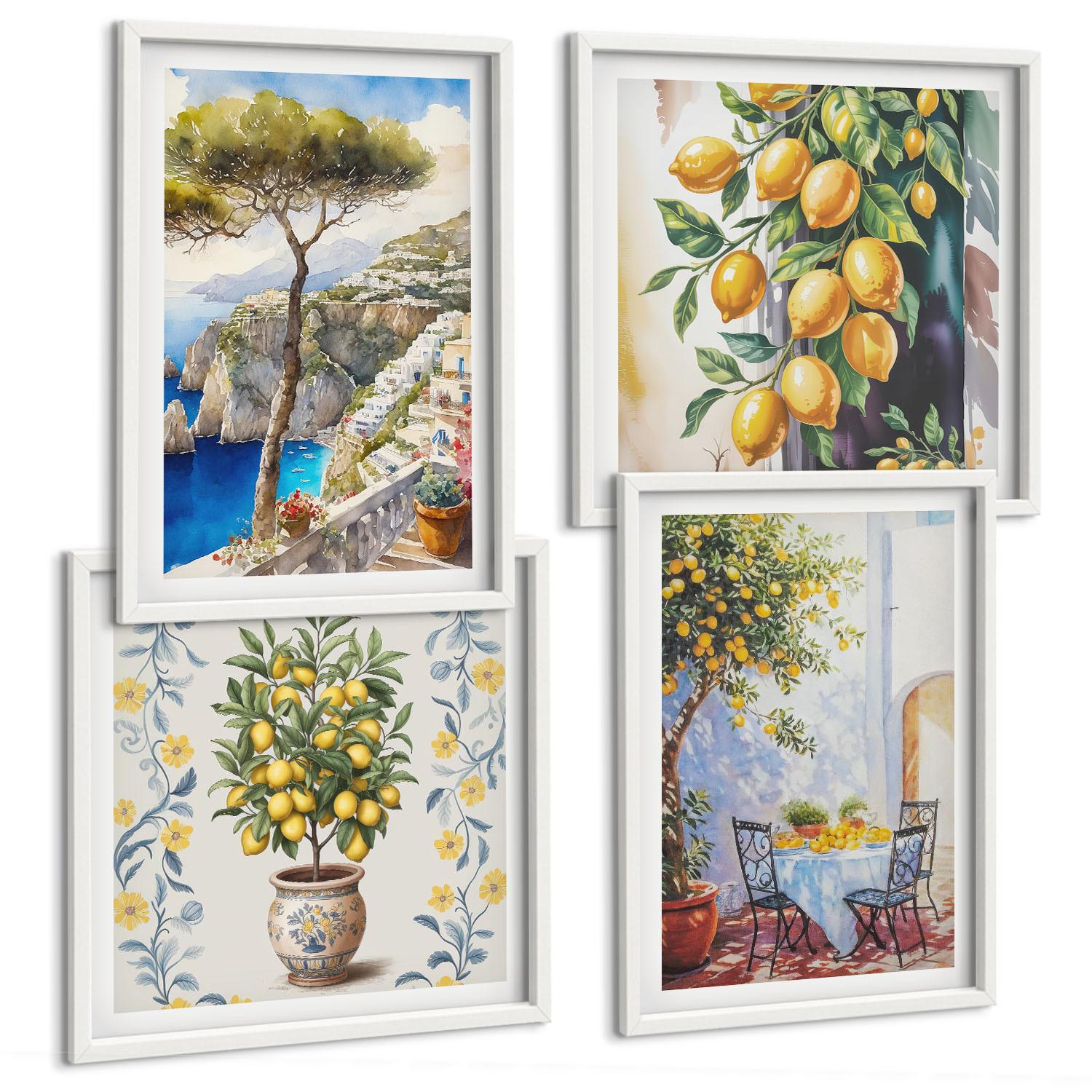 BILDER SET 4er Set - 50x50 cm & 40x60 cm Weißer Rahmen - Zitronenbäume am Meer - Weiß, Kunststoff (50/50cm) - TULUP