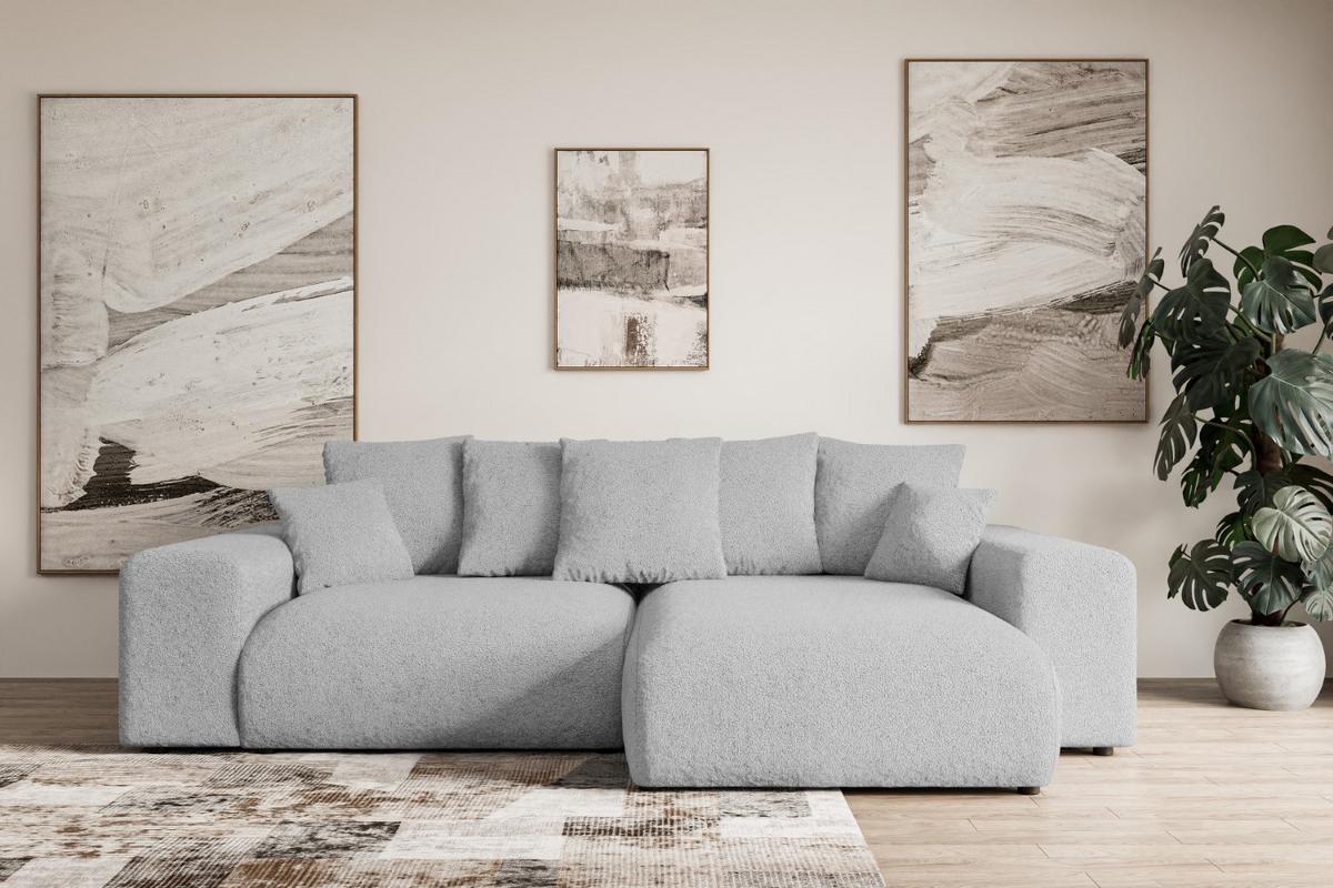 ECKSOFA Ottomane rechts ESKAR-L 266x176x72 Hellgrau Bouclé - Hellgrau/Schwarz, Holzwerkstoff/Kunststoff (176/266cm) - ALTDECOR