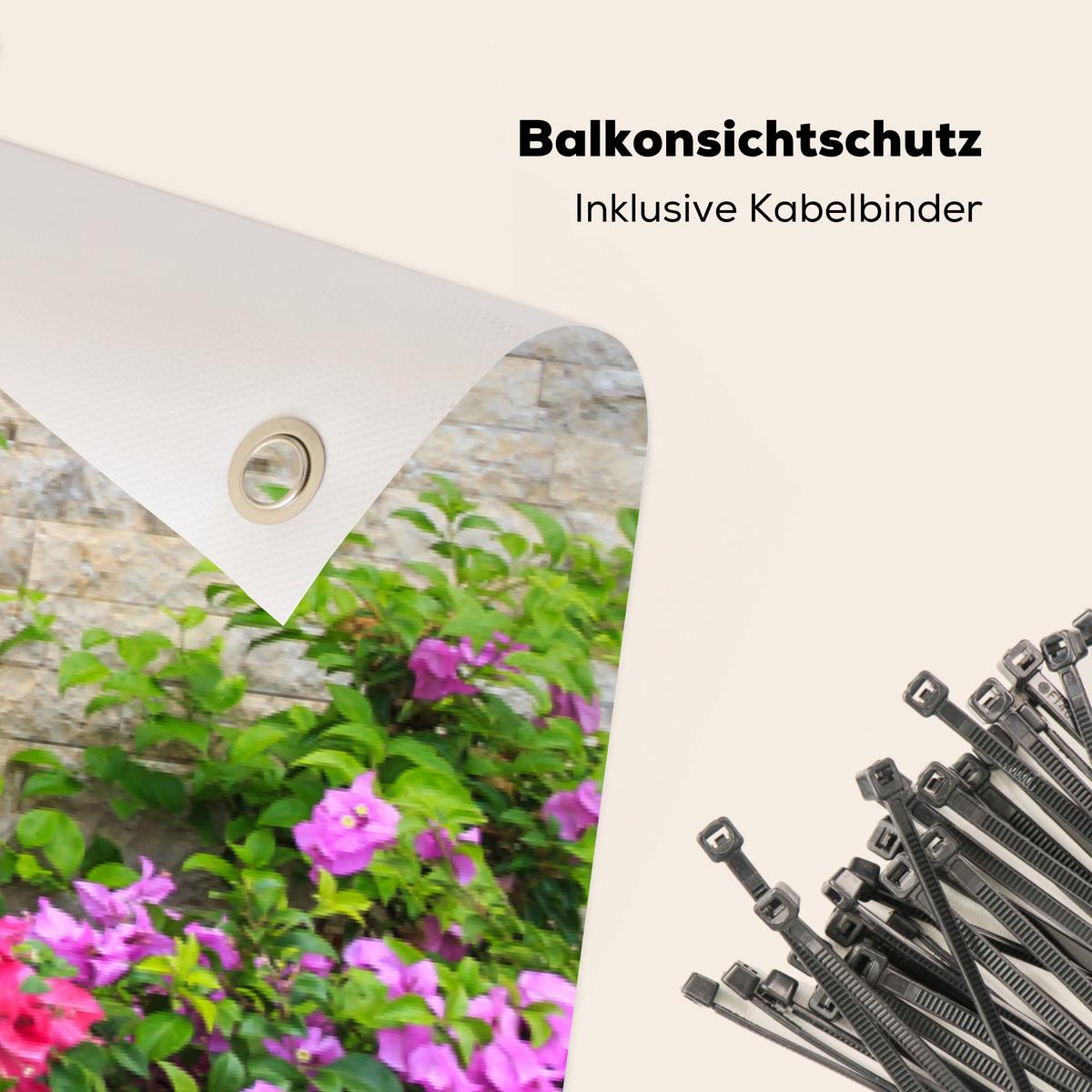 BALKON-SICHTSCHUTZ Blumen - Pflanzen - Blätter - Steine Windschutz 300x100 cm - Pink, Kunststoff (300/100cm) - MuchoWow