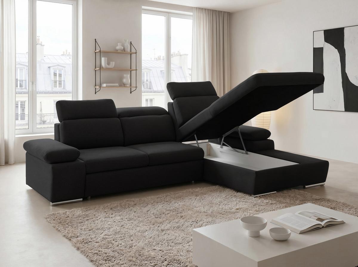 ECKSOFA PABLO mit Schlaffunktion und Bettkasten Schwarz - Schwarz, Holzwerkstoff/Kunststoff (250/90cm) - Idohome