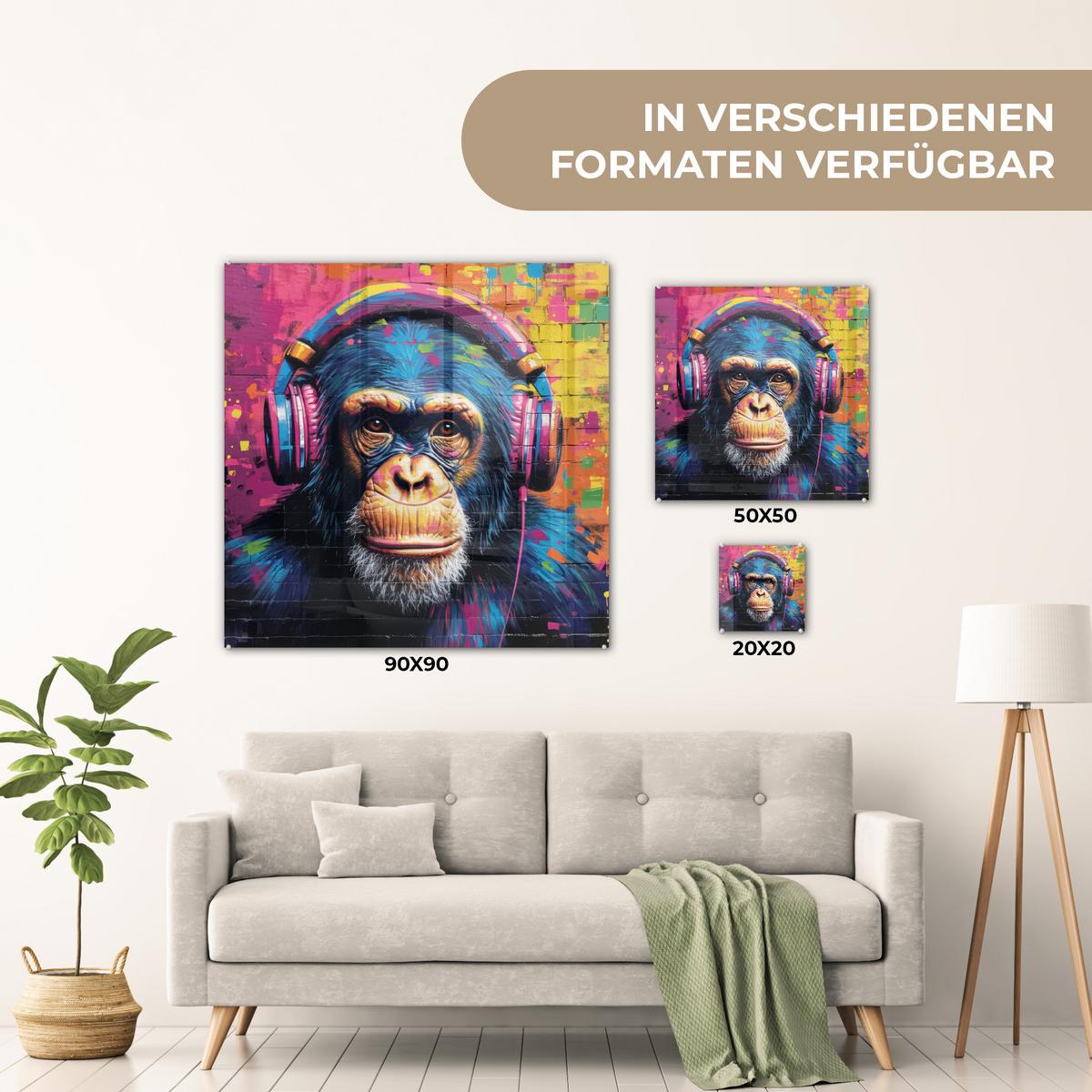 ACRYLGLASBILD Graffiti - Schimpanse - Straßenkunst - Kopfhörer - Affe 90x90 cm - Blau, Glas (90/90cm) - MuchoWow