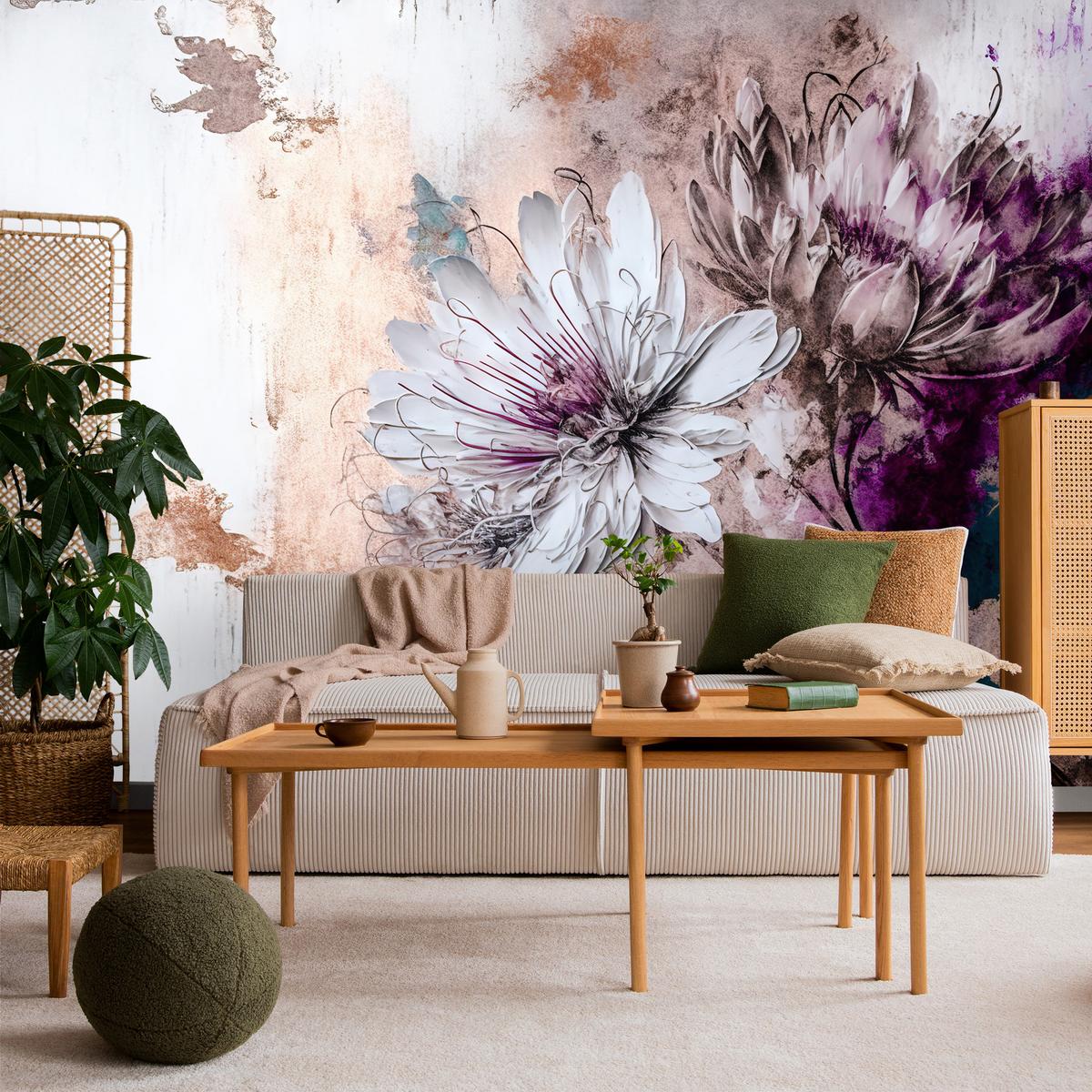 FOTOTAPETE für Wohnzimmer Blumen Blätter Abstraktion 350x256 - Beige/Violett, Papier (350/256cm) - Muralo