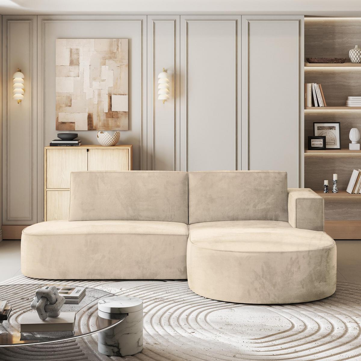 ECKSOFA CORTIO M R-S Creme Velours-Stoff mit Schlaffunktion - Creme/Grau, Holz/Kunststoff (265/174cm) - MASSENO