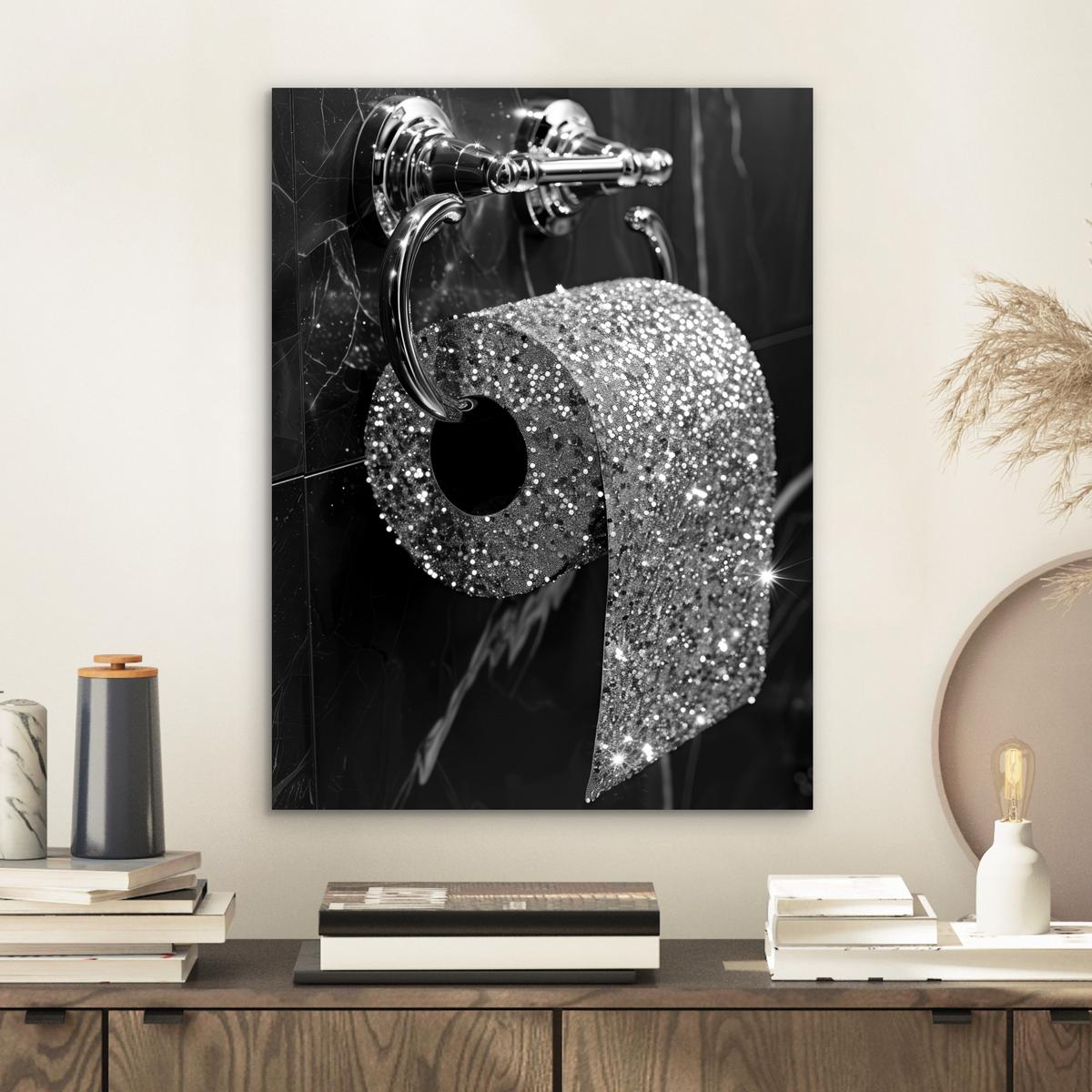 METALLBILD WC - Toilettenpapier - Schwarz und weiß - Glitter 30x40 cm - Silberfarben, Metall (30/40cm) - MuchoWow