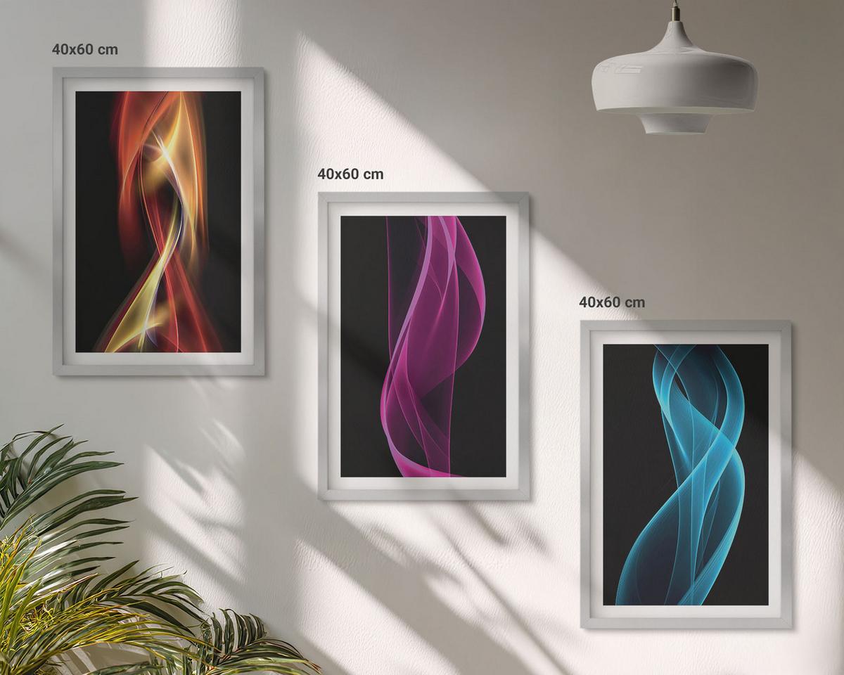 BILDER SET 3er Set - 40x60 cm Silberner Rahmen - Neonwellenlinien auf dunklem Hintergrund - Silberfarben, Kunststoff (40/60cm) - TULUP