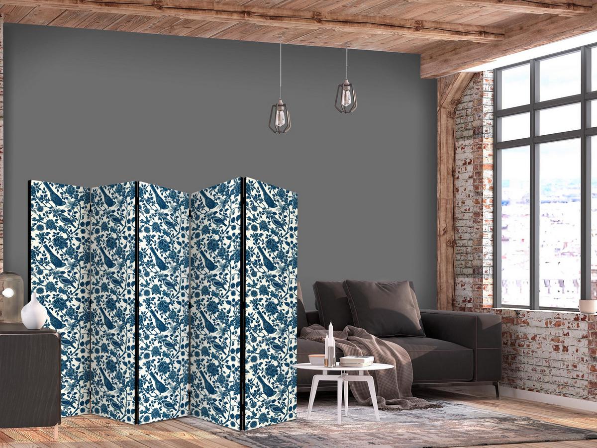 PARAVENT Akustik 5-tlg 225x172 cm Vögel und Rosen - Blau, Holz/Textil (225/172/3cm) - Muralo