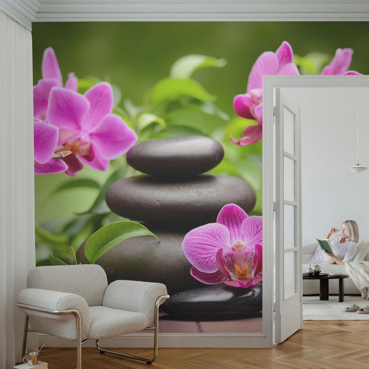 FOTOTAPETE 250x250 cm - Orchideensteine - Grün, Textil (250/250cm) - Wallfluent