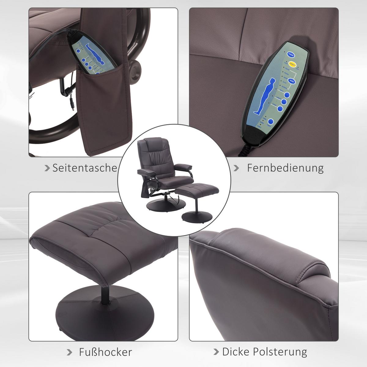 MASSAGESESSEL mit Hocker, Relaxsessel mit Liegefunktion, Massagefunktion, Braun - Schwarz/Braun, Leder/Kunststoff (84/95/77cm) - HOMCOM