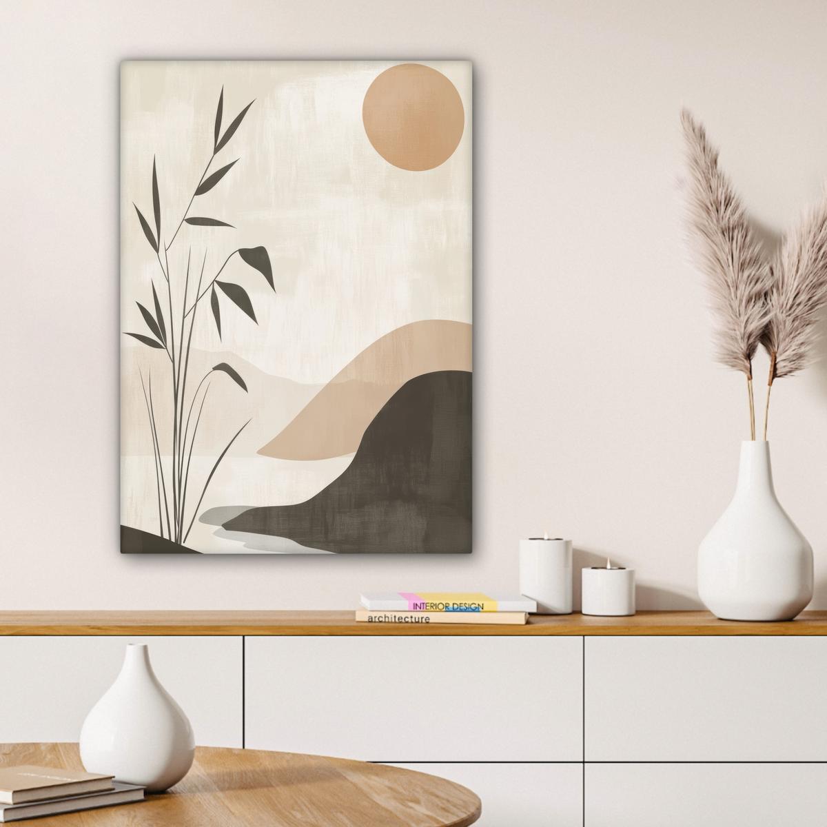 LEINWANDBILD Japandi - Landschaft - Beige Wandbild Wohnzimmer 60x80 cm - Cognac, Textil (60/80cm) - MuchoWow