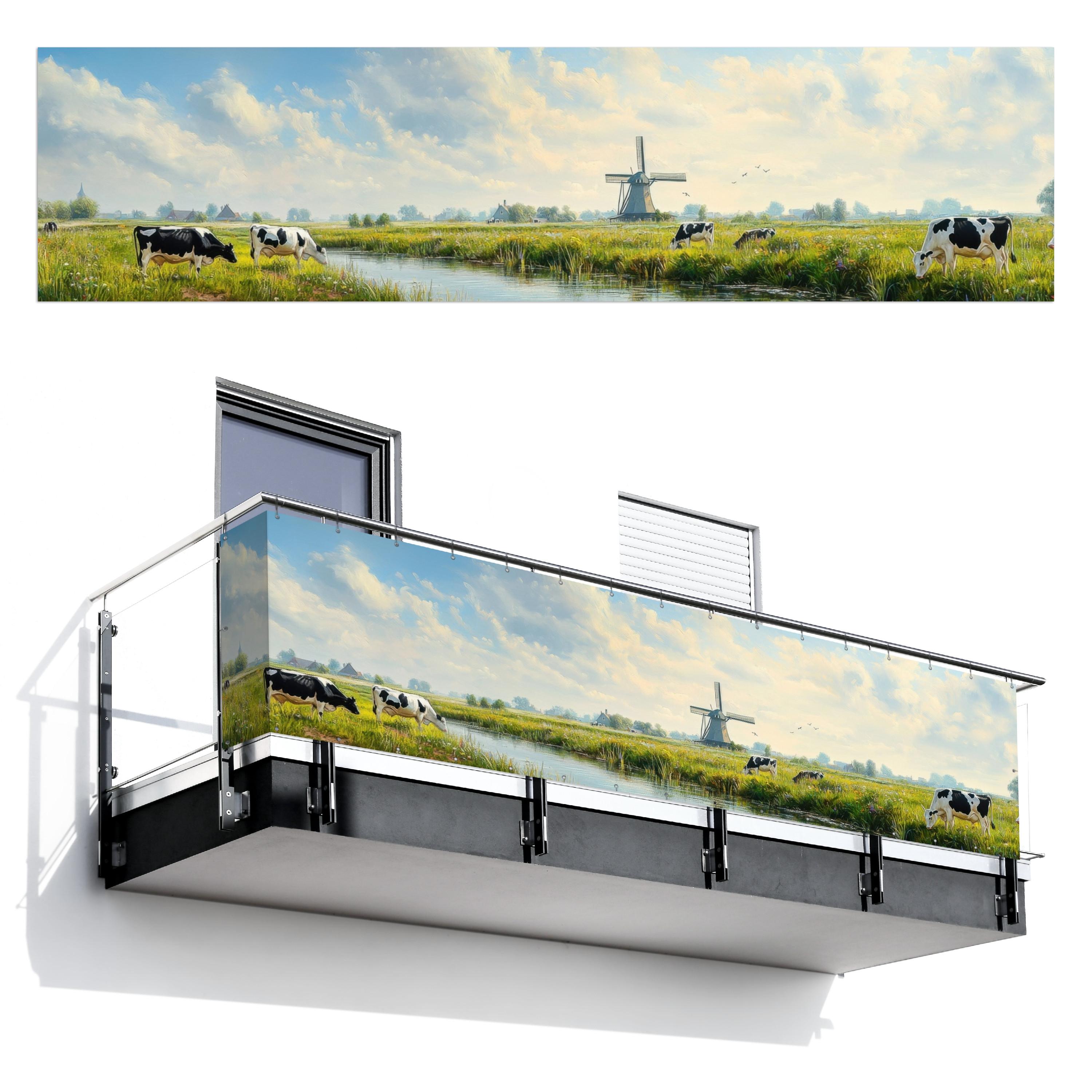 BALKON-SICHTSCHUTZ Kühe - Windmühle - Wiese - Blau Deko XXL 500x130 cm - Grün, Kunststoff (500/130cm) - MuchoWow