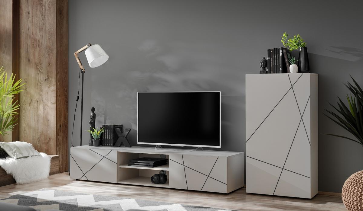 WOHNWAND Kaschmir, schwarz 180 cm, Schrankwand mit Streifendruck, Push-to-Open - Kaschmir/Schwarz, Holzwerkstoff/Kunststoff (180/180/45cm) - Furn.Design