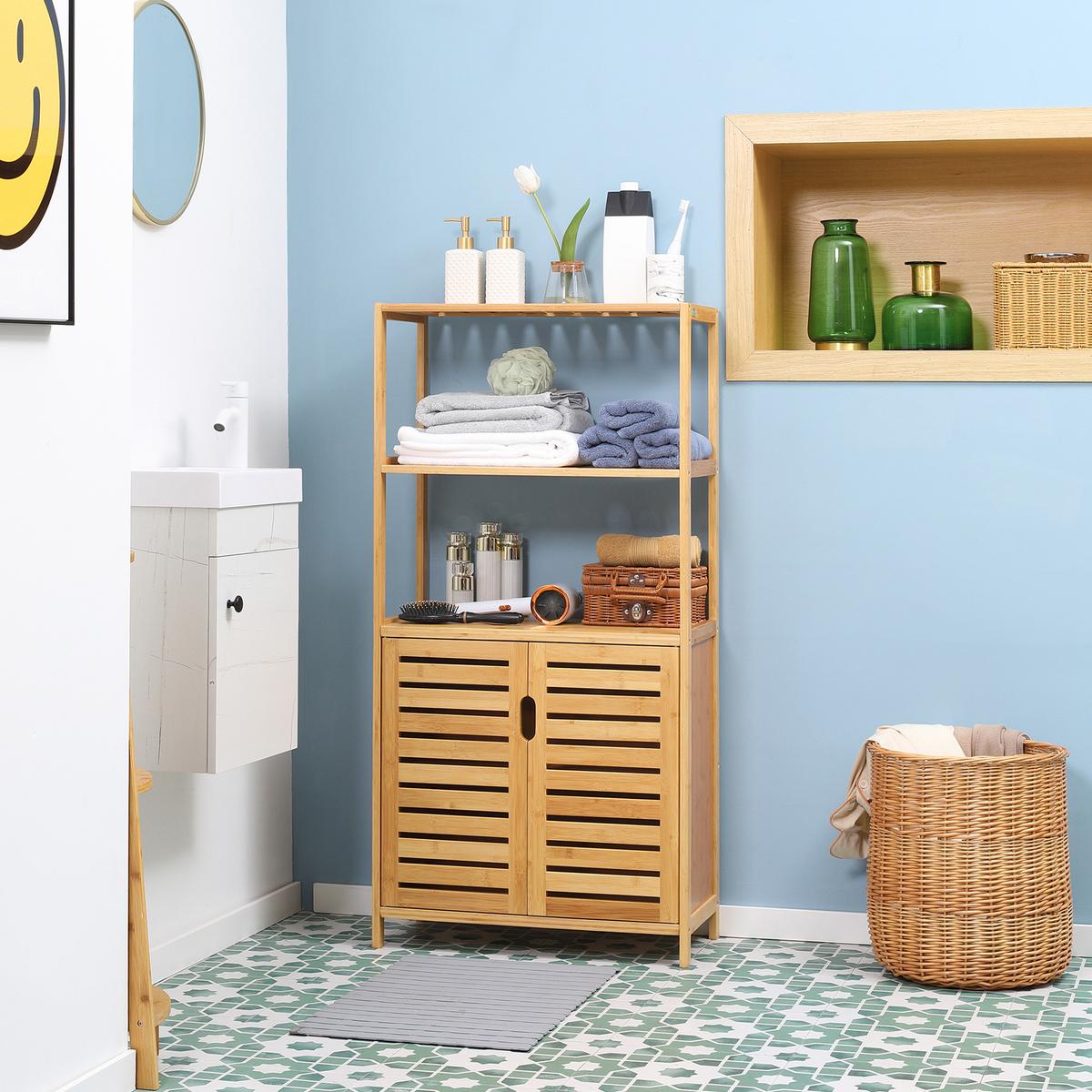 BADEZIMMERSCHRANK Bambus Naturholz - Naturfarben, Holz (30/120/60cm) - Kleankin