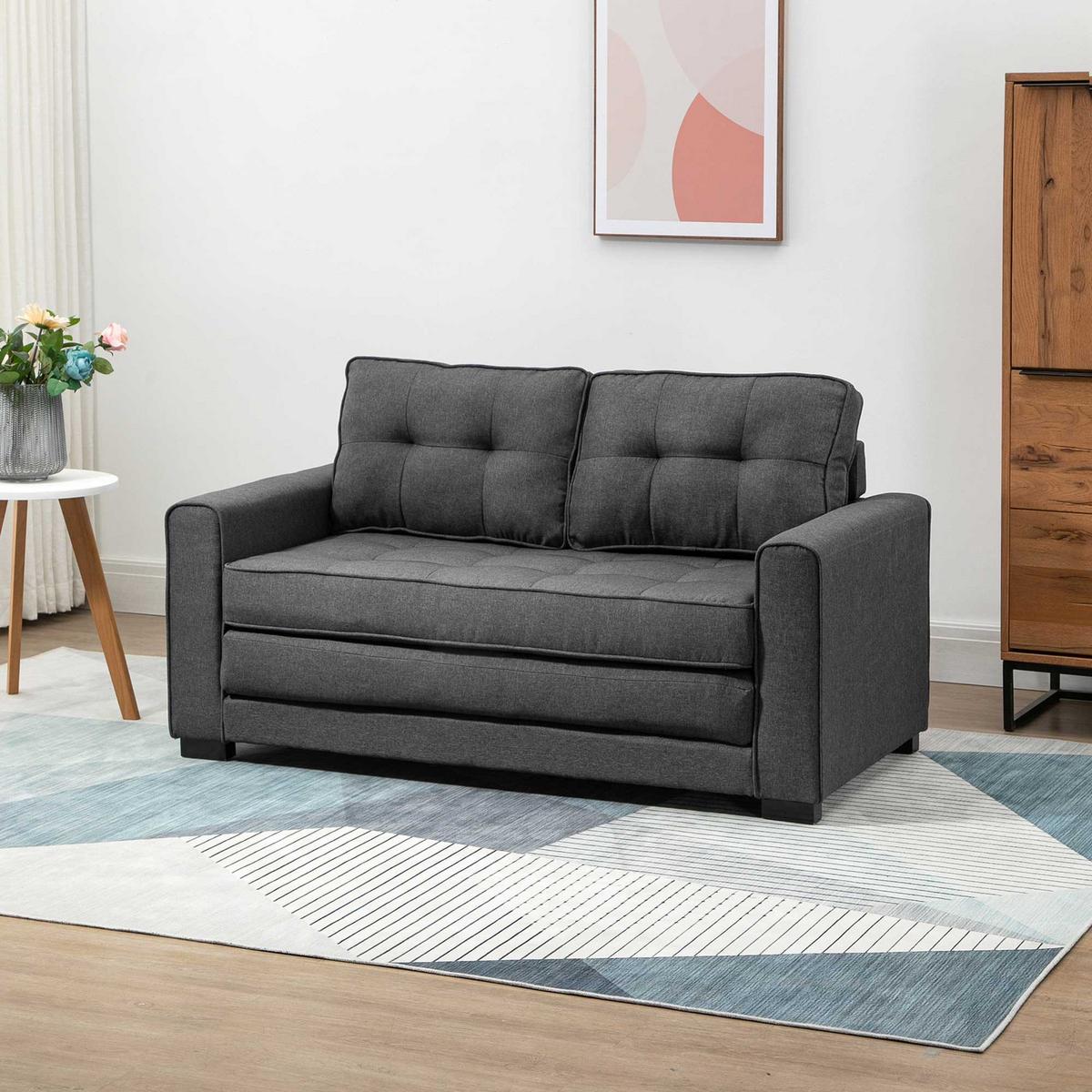 SCHLAFSOFA Klappsofa 2-Sitzer Sofa mit Schlaffunktion Leinen-Touch Holz Grau - Schwarz/Grau, Holz/Textil (75/85/147.5cm) - HOMCOM