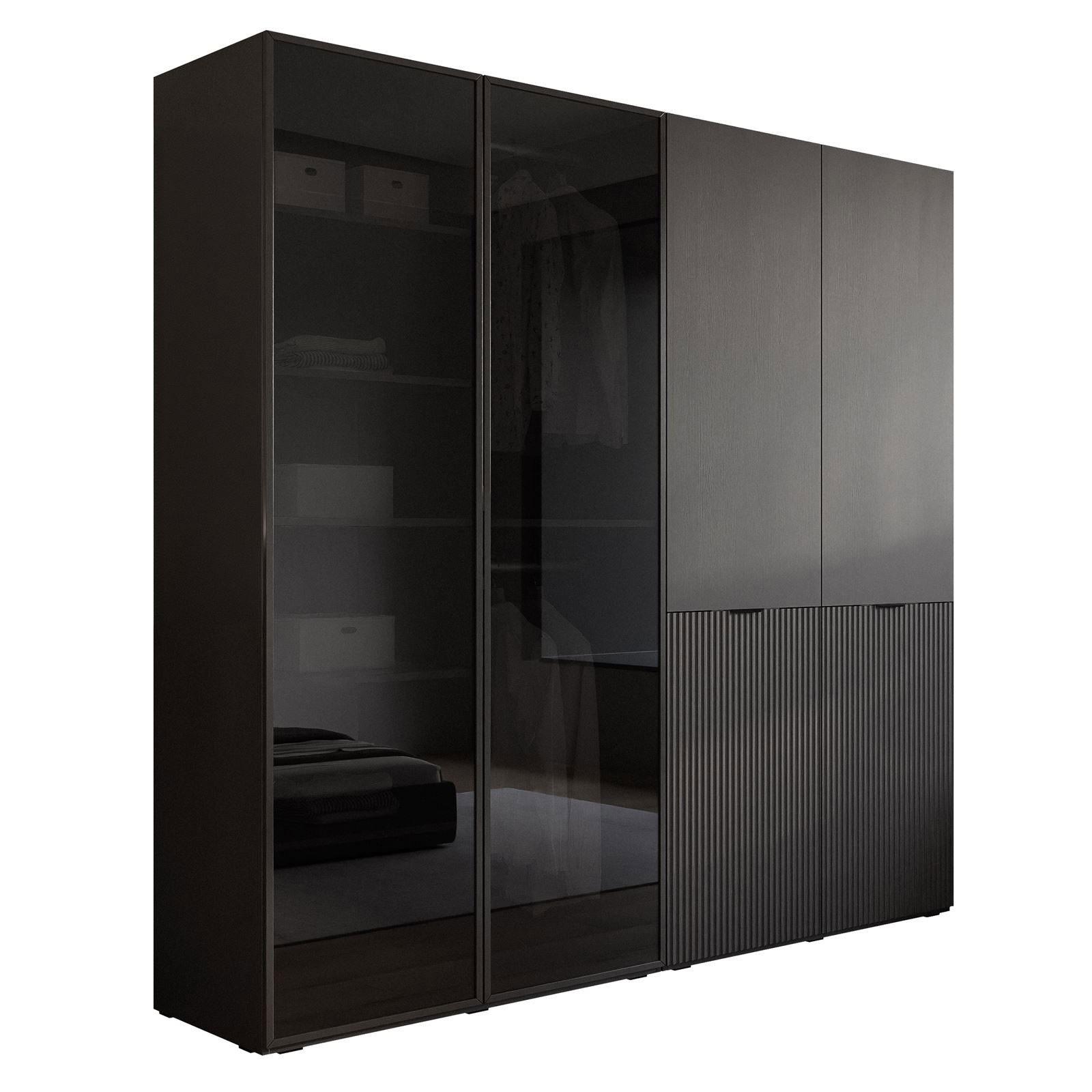 KLEIDERSCHRANK SANDBOX MODERN 200 202/49/200 cm Graphitschwarz / Graphitschwarz + Schwarzes Glas ohne LED 8 Zusatzböden - Schwarz, Holzwerkstoff/Kunststoff (202/200/49cm) - Lookway