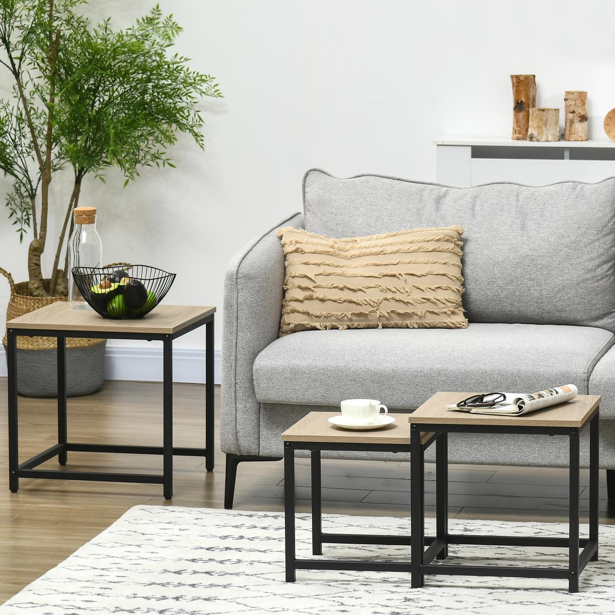 COUCHTISCH 3er-Set Beistelltisch, Satztisch, Sofatisch mit Holzoptik, Stahl - Naturfarben, Holzwerkstoff (45/45/44cm) - HOMCOM