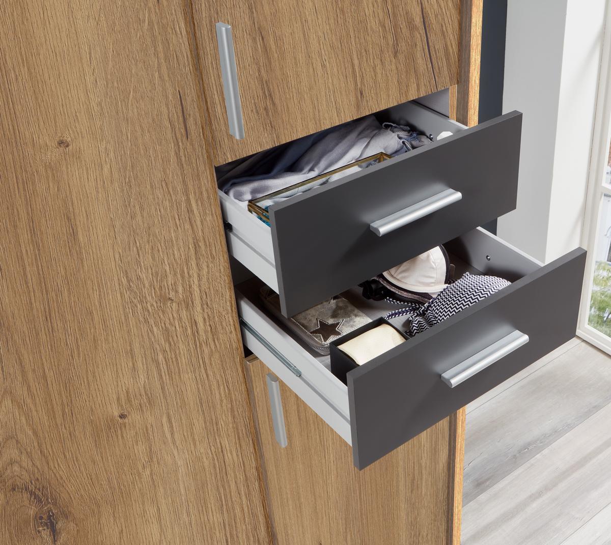 DREHTÜRENSCHRANK B273/H210/T58 cm, Eiche Dekor mit Absetzungen in Grafit, Kleiderschrank mit Passepartout & 2 Spiegeltüren & Schubkästen / 22576 - Eichefarben/Silberfarben, Holzwerkstoff/Kunststoff (273/210/58cm) - luma-home