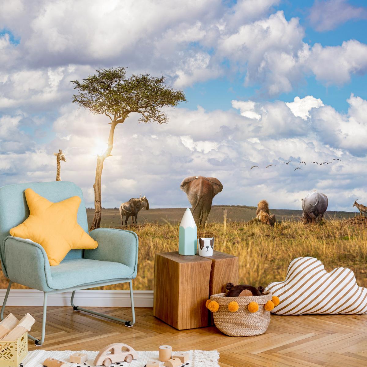 FOTOTAPETE für Kinderzimmer Safari Tiere Elefant Giraffe Löwe 200x140 - Beige/Braun, Papier (200/140cm) - Muralo