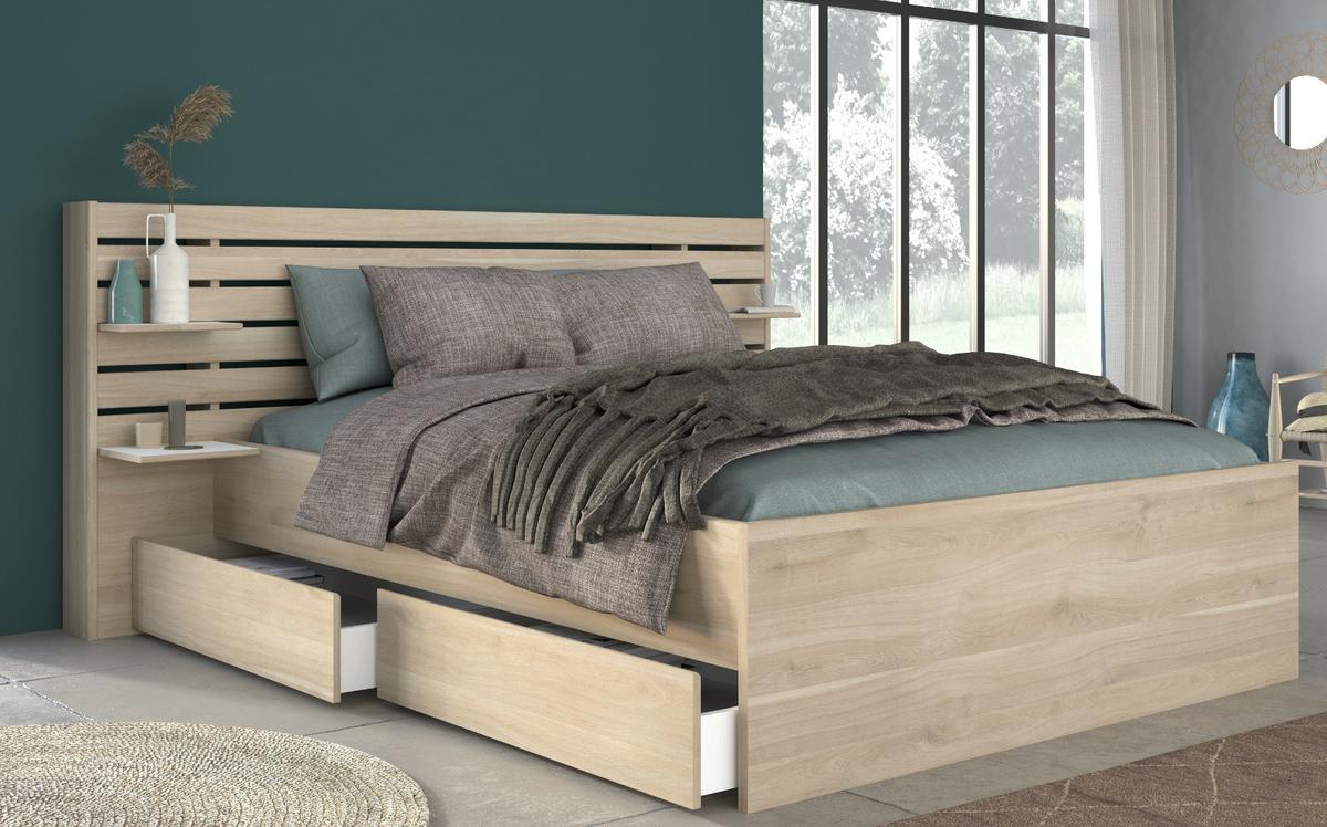 STAURAUMBETT Bett 140x200 cm mit 2 x Bettschubkasten und Ablage - Eichefarben, Holz/Holzwerkstoff (140/200cm) - Parisot Meuble