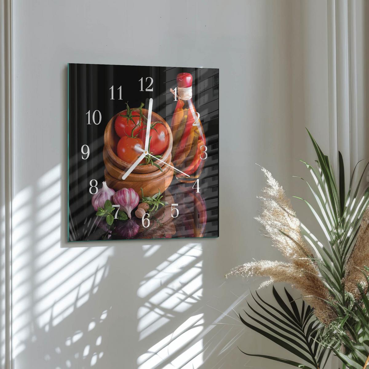 WANDUHR aus Glas 30x30 cm - Tomaten und Knoblauch - Rot, Glas (30/30/0.4cm) - TULUP