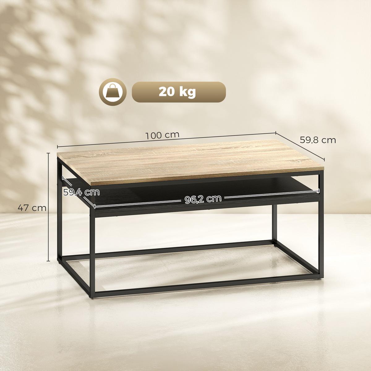 COUCHTISCH Spanplatte Metall Naturholz - Eichefarben/Schwarz, Holzwerkstoff/Metall (100/59.8/47cm) - HOMCOM