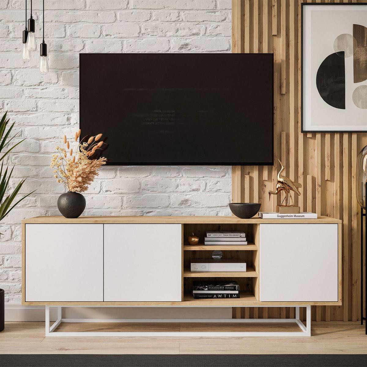 TV-ELEMENT SANAYI II mit Regalen Eiche Artisan/Weiß - Weiß, Holzwerkstoff (156/56/38cm) - Lookway