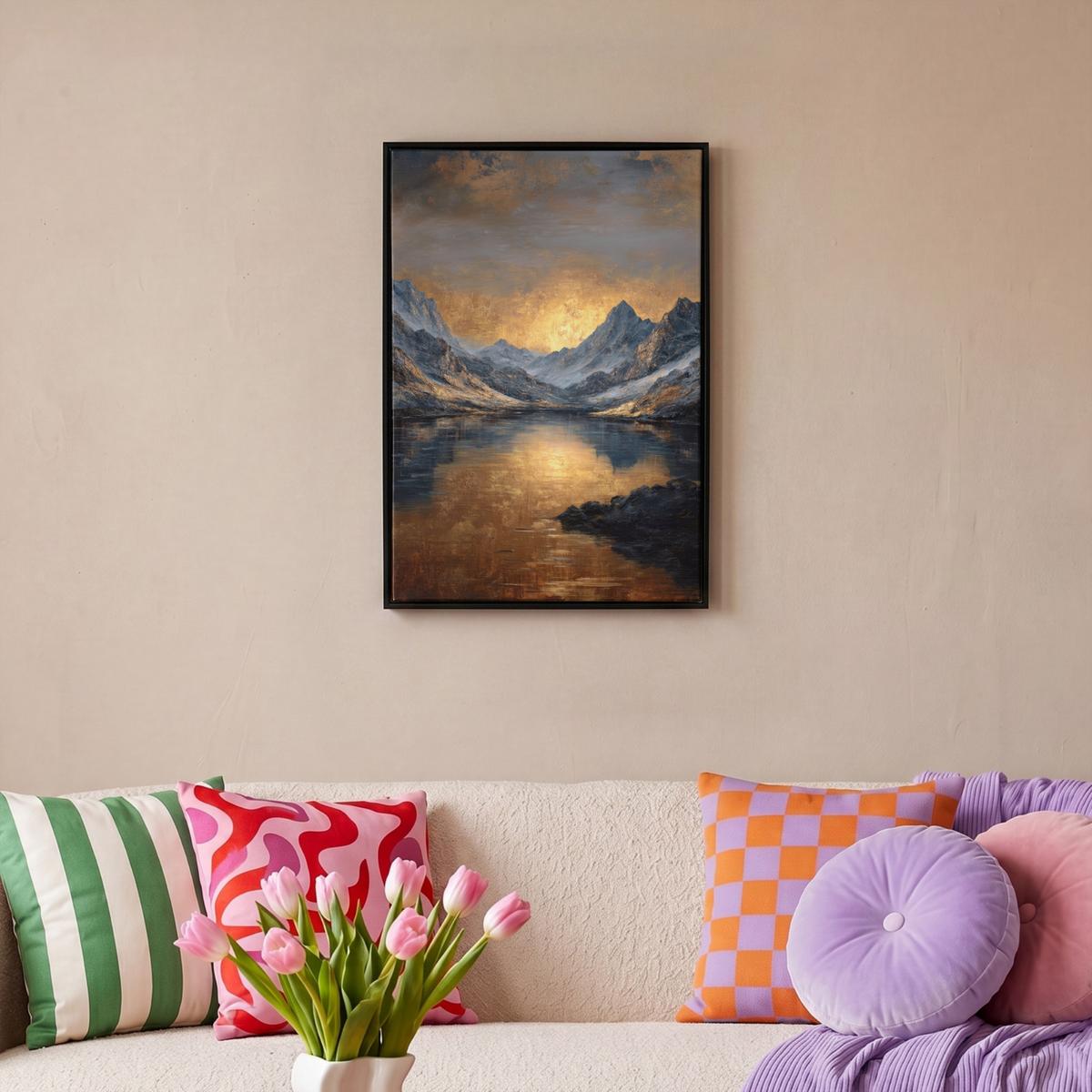 LEINWAND Bilder mit Rahmen - Bergkulisse mit goldenem Sonnenuntergang - 40x60 - Goldfarben, Textil (40/60cm) - MuchoWow