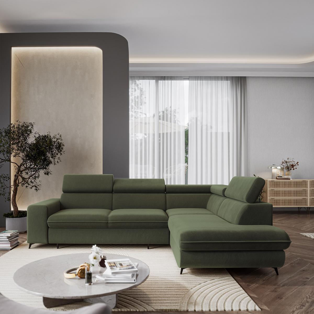 ECKSOFA VELISS Olivgrün Veloursstoff mit Schlaffunktion - Olivgrün, Holz (255/193cm) - MASSENO