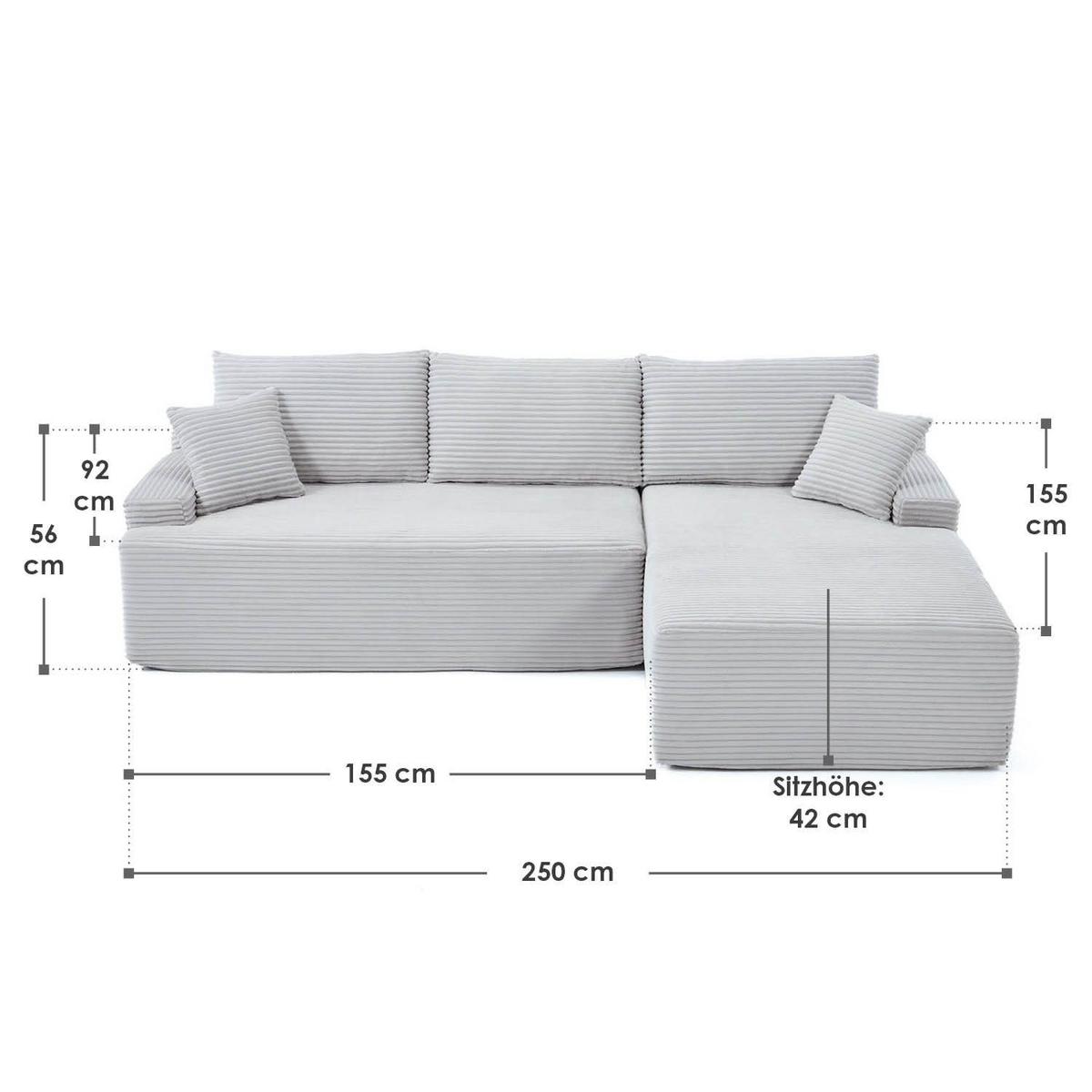 SOFA Coredo hellgrau Cord - Hellgrau, Textil (250/155cm) - Juskys
