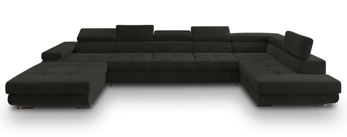 WOHNLANDSCHAFT TORIVA R-S Schwarz Velours-Stoff mit Schlaffunktion - Schwarz, Holz (418/90/202cm) - MASSENO