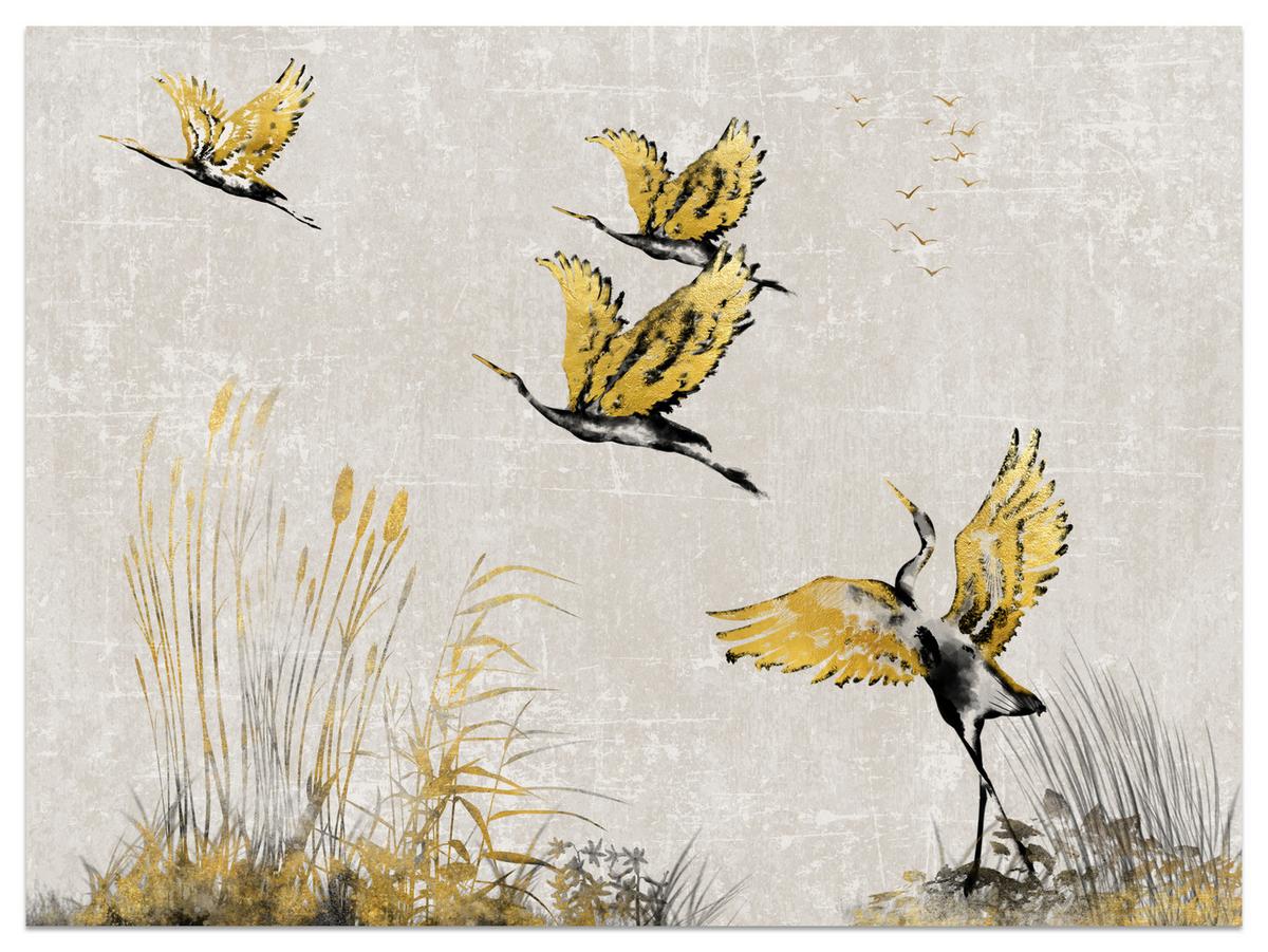 FOTOTAPETE Vögel Pflanzen Beton Abstraktion 250x175 - Gelb/Beige, Papier (250/175cm) - Muralo