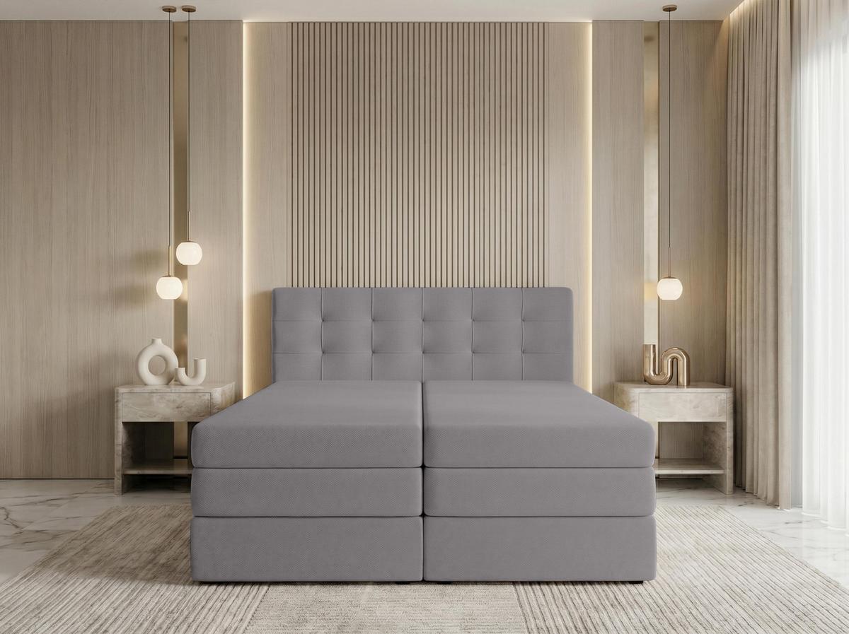 BOXSPRINGBETT FINIKE 140x200 cm mit Bettkasten und 2 Matratzen - Hellgrau + TOPPER - Hellgrau/Schwarz, Holz/Holzwerkstoff (140/200cm) - AX Living