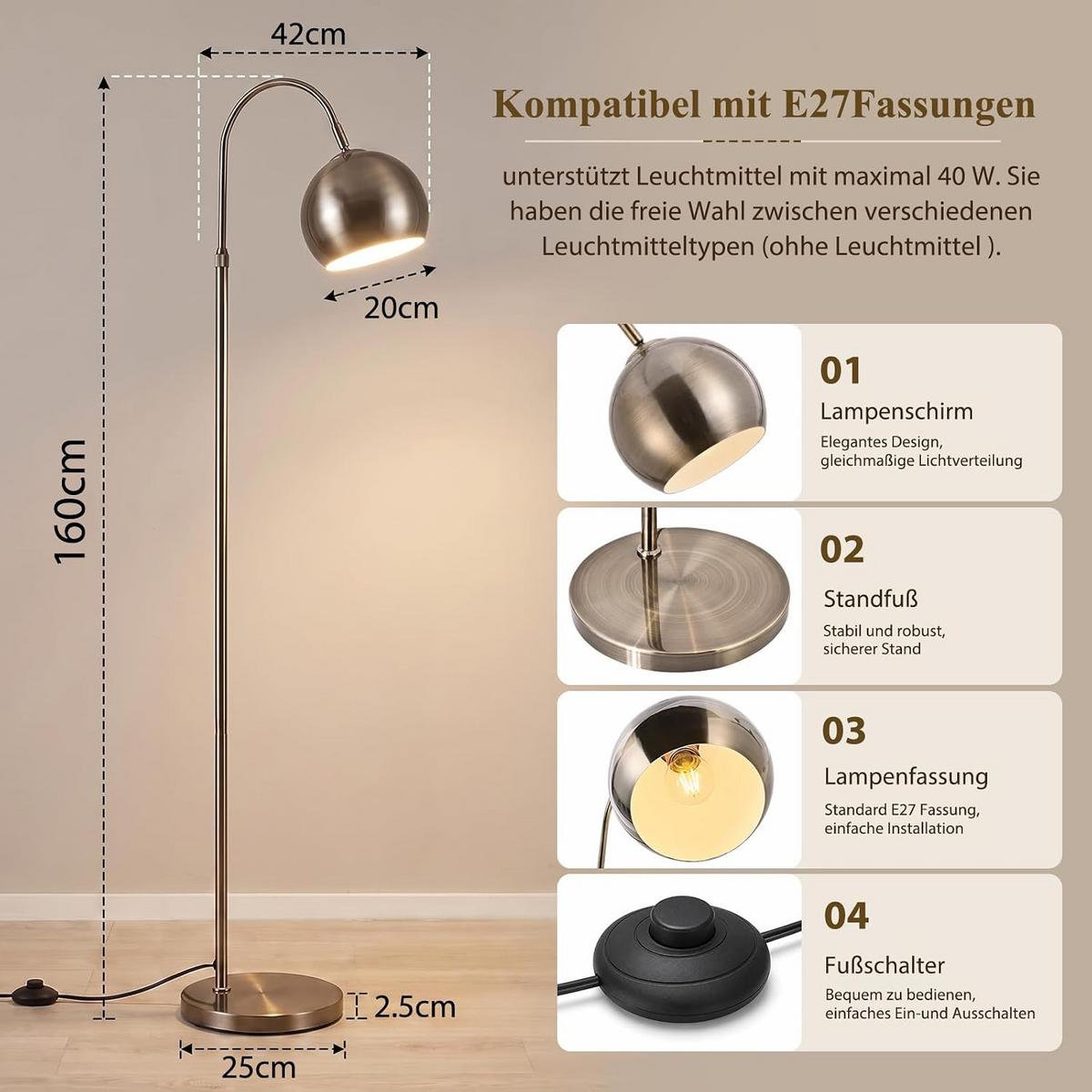 STEHLAMPE Vyvin 42/20/160 cm - Bronzefarben, Metall (42/20/160cm) - ZMH