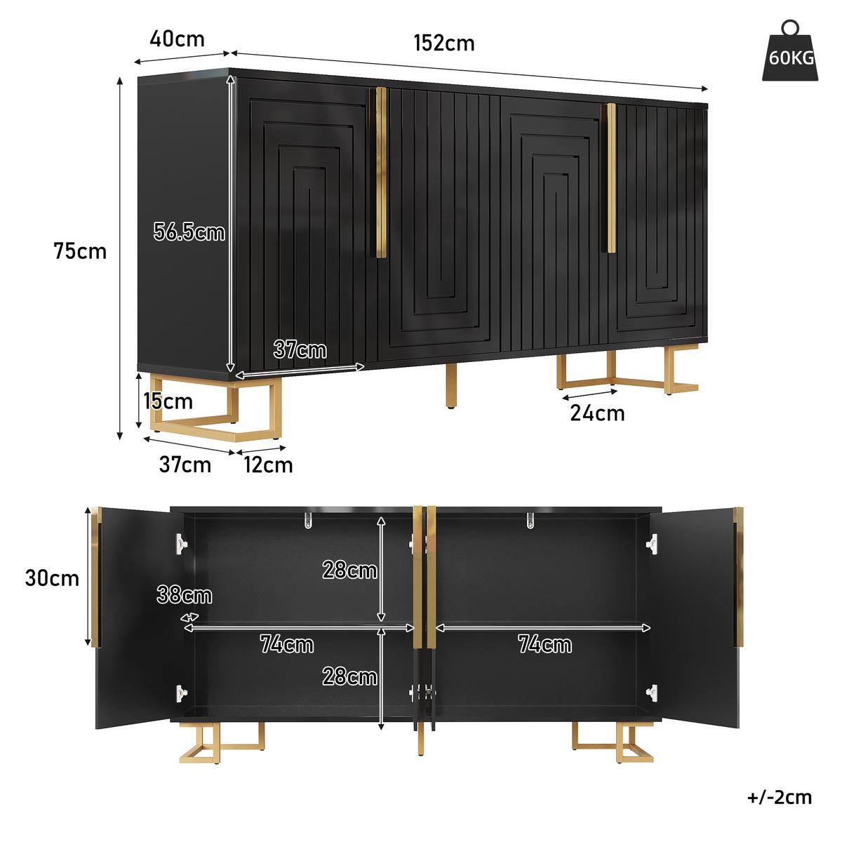 SIDEBOARD SCHWARZ & GOLD 152 CM MIT GEOMETRISCHEM RELIEF & 4 FÄCHERN - Schwarz, Holzwerkstoff (152/75/40cm) - Urban Meuble