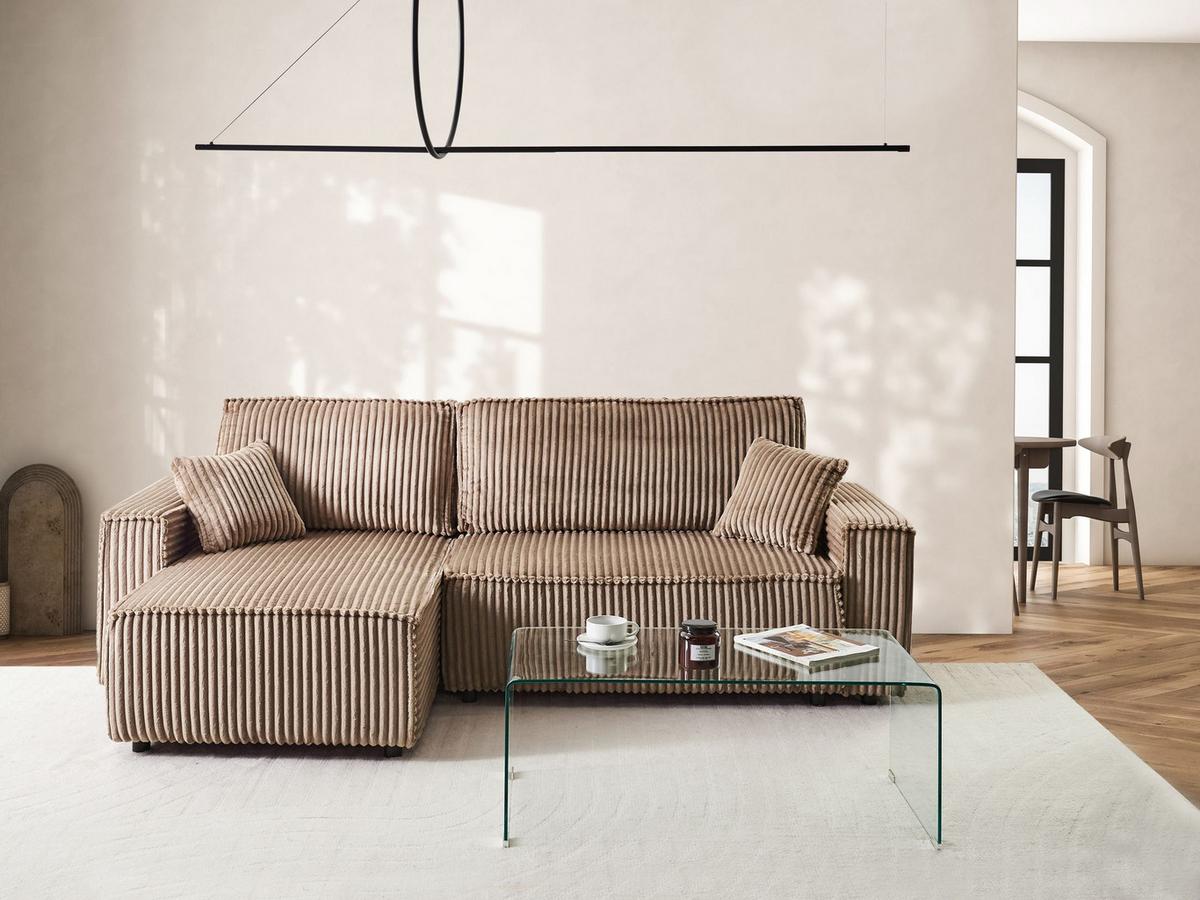 ECKSCHLAFSOFA 3-Sitzer Cord Hellbraun mit Stauraum rechtsseitig Abacka - Hellbraun, Textil (247/147cm) - Beliani