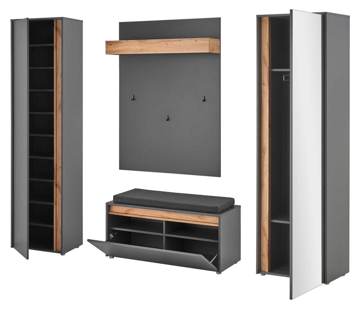 GARDEROBEN-SET 5-teilig grau matt, Eiche Wotan, Kombination mit viel Stauraum - Eiche Wotan/Silberfarben, Glas/Holzwerkstoff (230/200/40cm) - Furn.Design