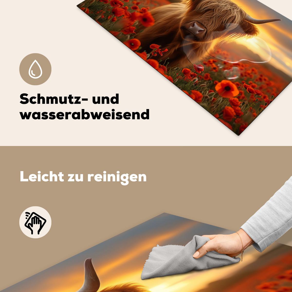 HERDABDECKPLATTE Schottische Highlander - Rosen - Blumenfeld - Sonnenuntergang Induktionsschutz 91.6x52.7 cm - Rotbraun, Kunststoff (91.6/52.7/0.2cm) - MuchoWow