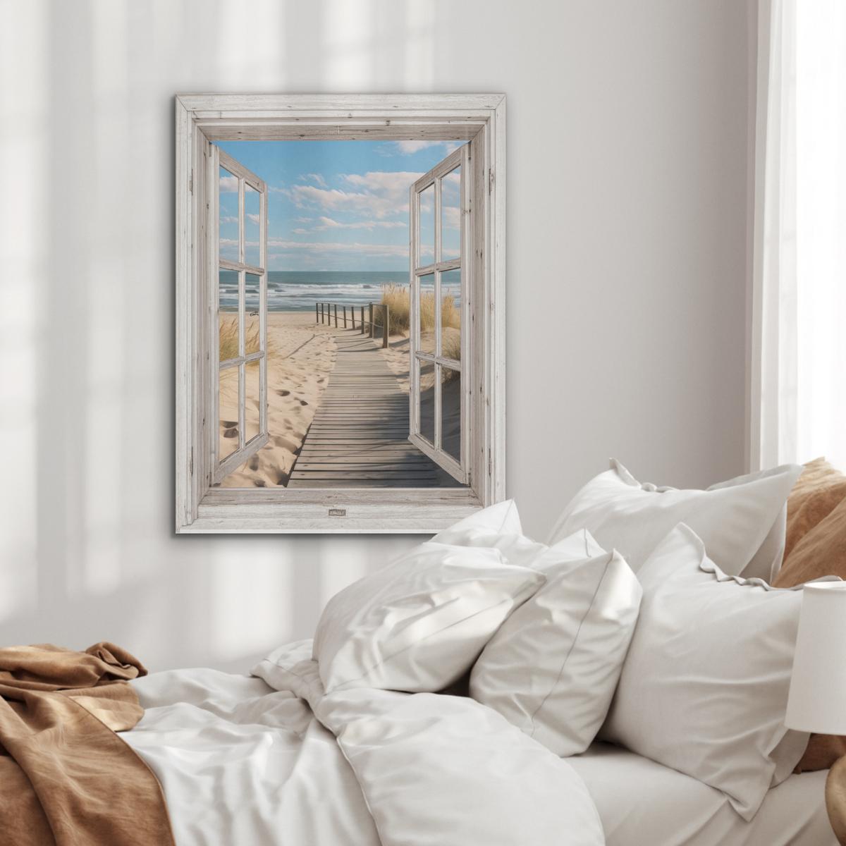 AKUSTIKBILD Fenster - Meer - Küste - Natur - Ausblick - Strand - Wattenmeer Wandbilder 60x80 cm - Beige, Kunststoff (60/80/0.9cm) - MuchoWow