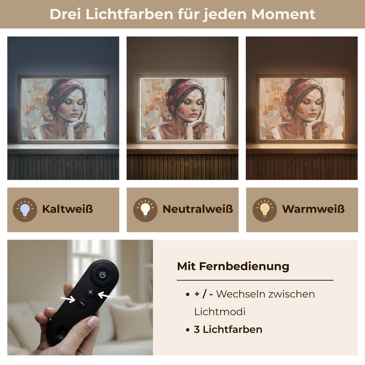 WANDLEUCHTE MIT AKKU Frau - Lackierung - Porträt - Modern 40x30 cm - Braun, Holzwerkstoff (40/30/8cm) - OnlyWow