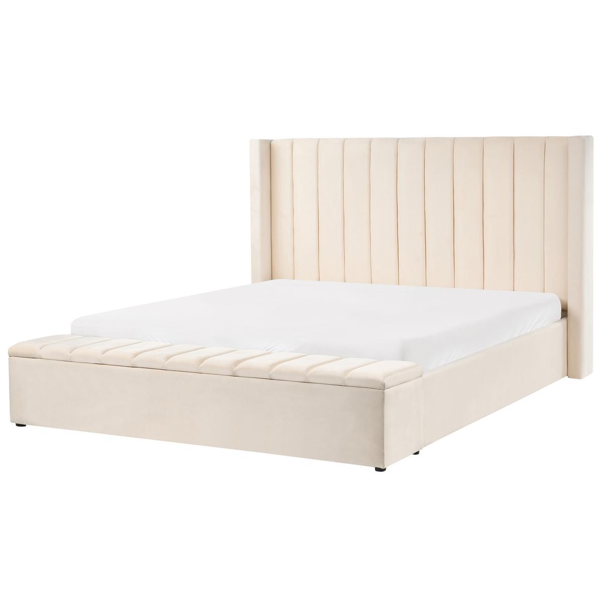 BETT mit Stauraumbank 180/200 cm Samtstoff Cremeweiß Noyers - Creme, Textil (180/200cm) - Beliani