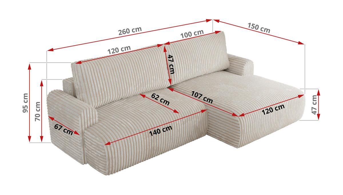 ECKSCHLAFSOFA TONO L Creme Cord - rechts - Creme/Schwarz, Kunststoff/Textil (150/260cm) - MKS