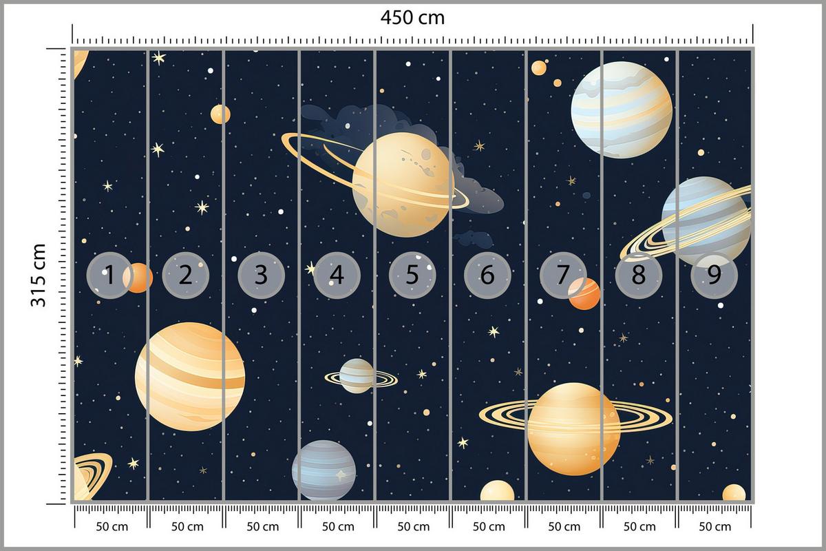 FOTOTAPETE für Kinderzimmer Märchen Galaxie Planeten Sterne 450x315 - Blau/Gelb, Papier (450/315cm) - Muralo