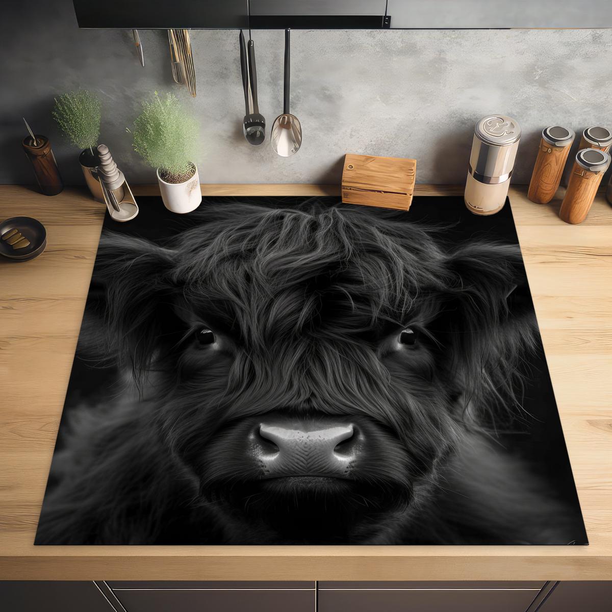 HERDABDECKPLATTE Scottish Highlander - Schwarz - Kalb - Kuh Induktionsmatte 78x78 cm - Schwarz, Kunststoff (78/78/0.2cm) - MuchoWow