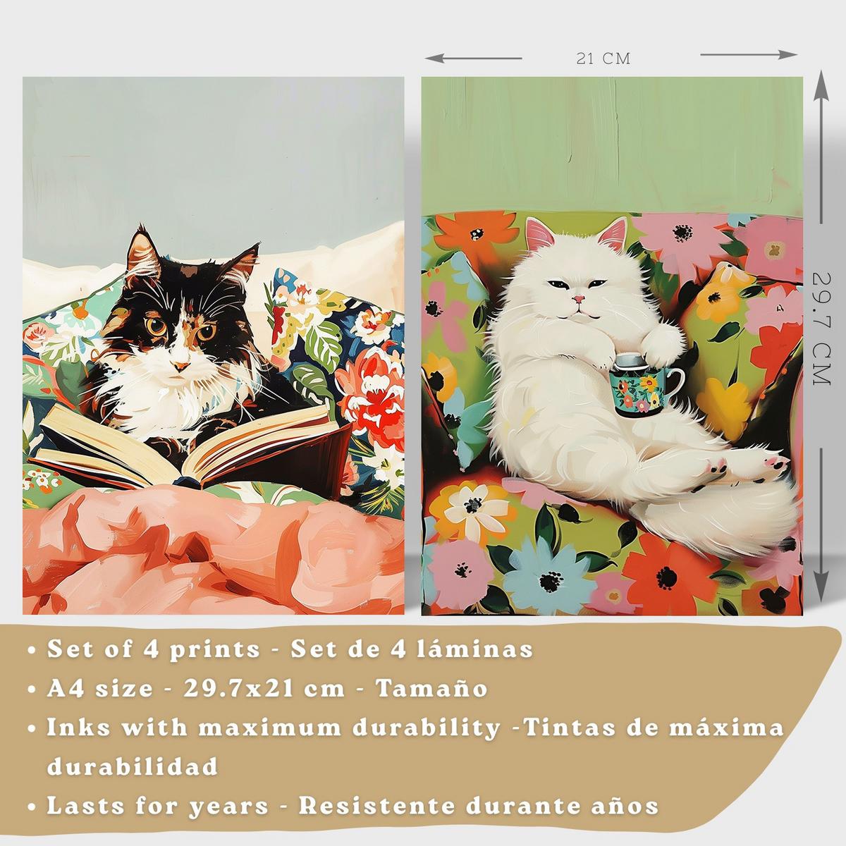 POSTER 4er Kunstdruck-Set Wandbilder Katzen modern Wohnzimmer Deko, Schlafzimmer, Küche, Badezimmer Rahmenlos A4 - Weiß, Papier (29.7/1/21cm) - Nacnic